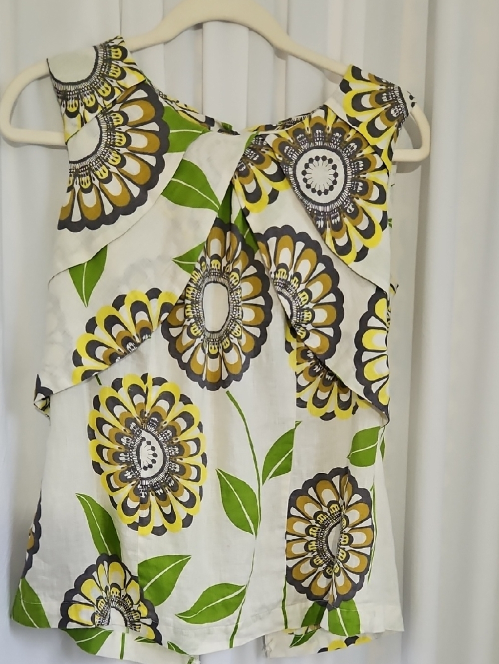Next White, Yellow and Green Floral Linen Ruffle Tunic Top Back Buttons Size 10